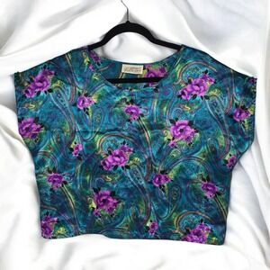 Vintage Featherbed New York Teal Purple Floral Paisley Blouse Crop‎ Top Medium